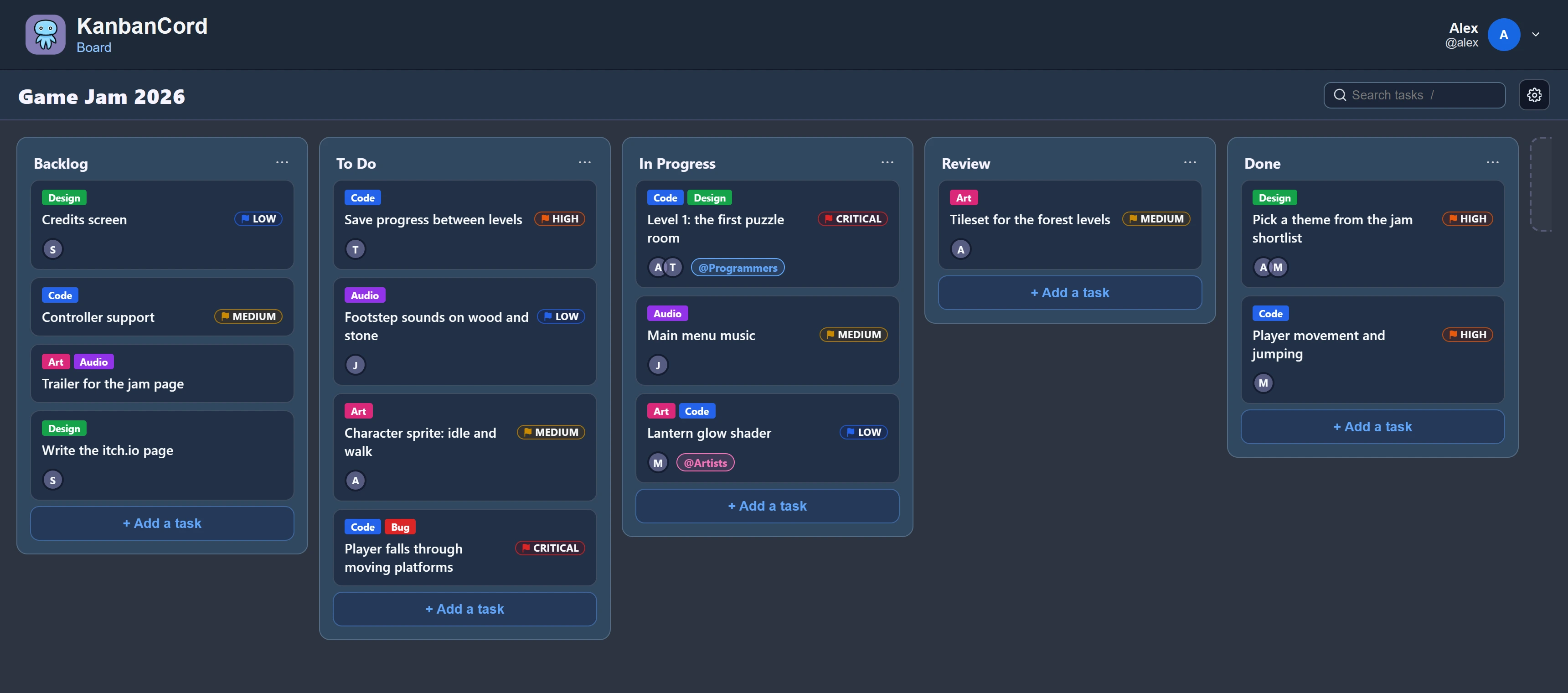 A KanbanCord board named Game Jam 2026 with five columns: Backlog, To Do, In Progress, Review and Done. Each task shows its labels, priority and the people assigned.