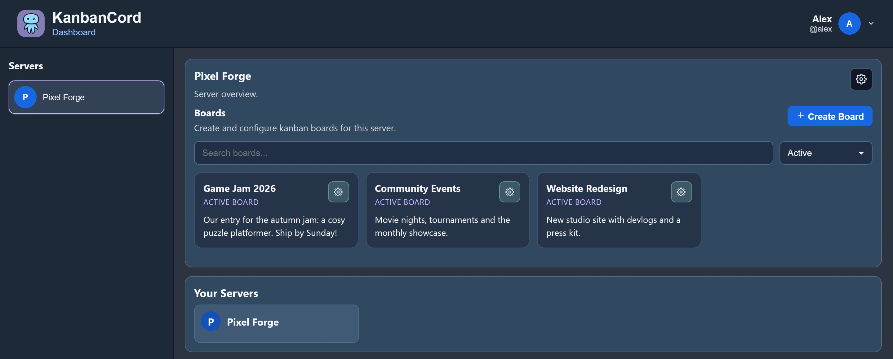 The KanbanCord dashboard for a server named Pixel Forge, listing its boards: Game Jam 2026, Community Events and Website Redesign.