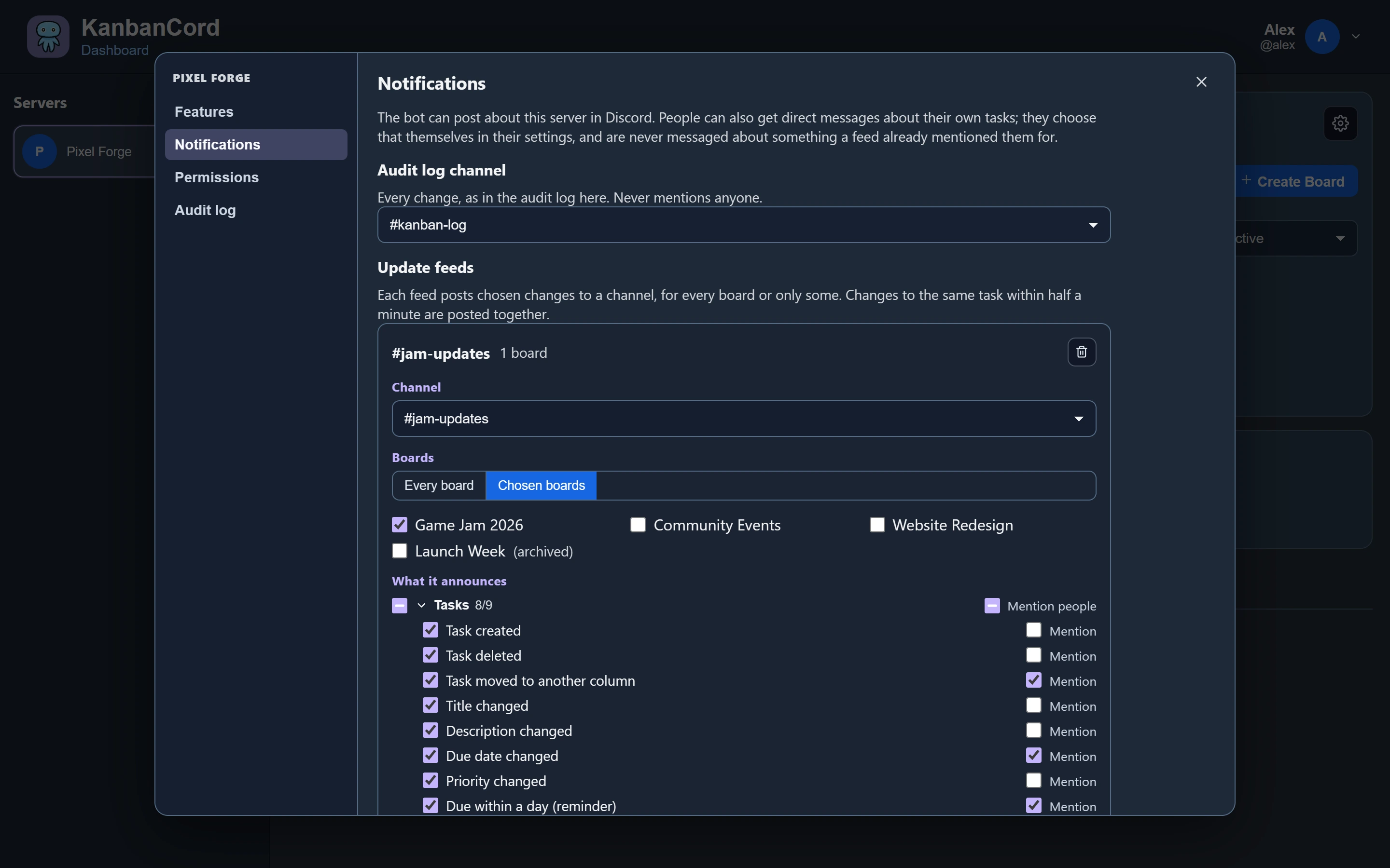 An update feed's settings on the website: the channel, its board, and for each kind of change whether it is posted and whether it mentions people.