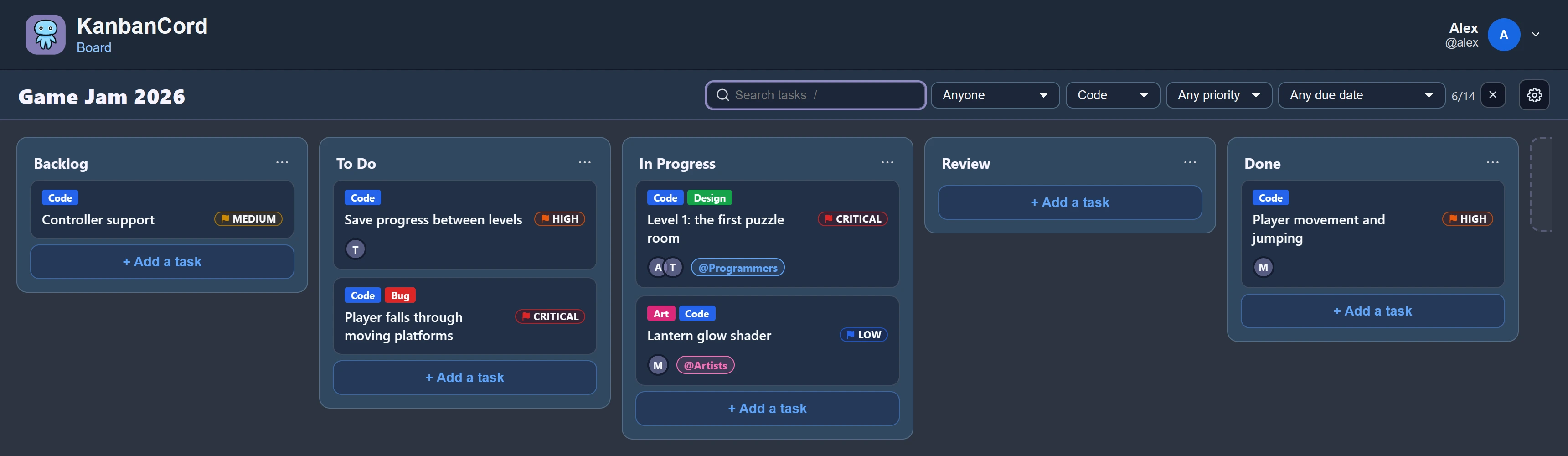 A board with its filters open: people, label, priority and due date, with six of fourteen tasks shown.
