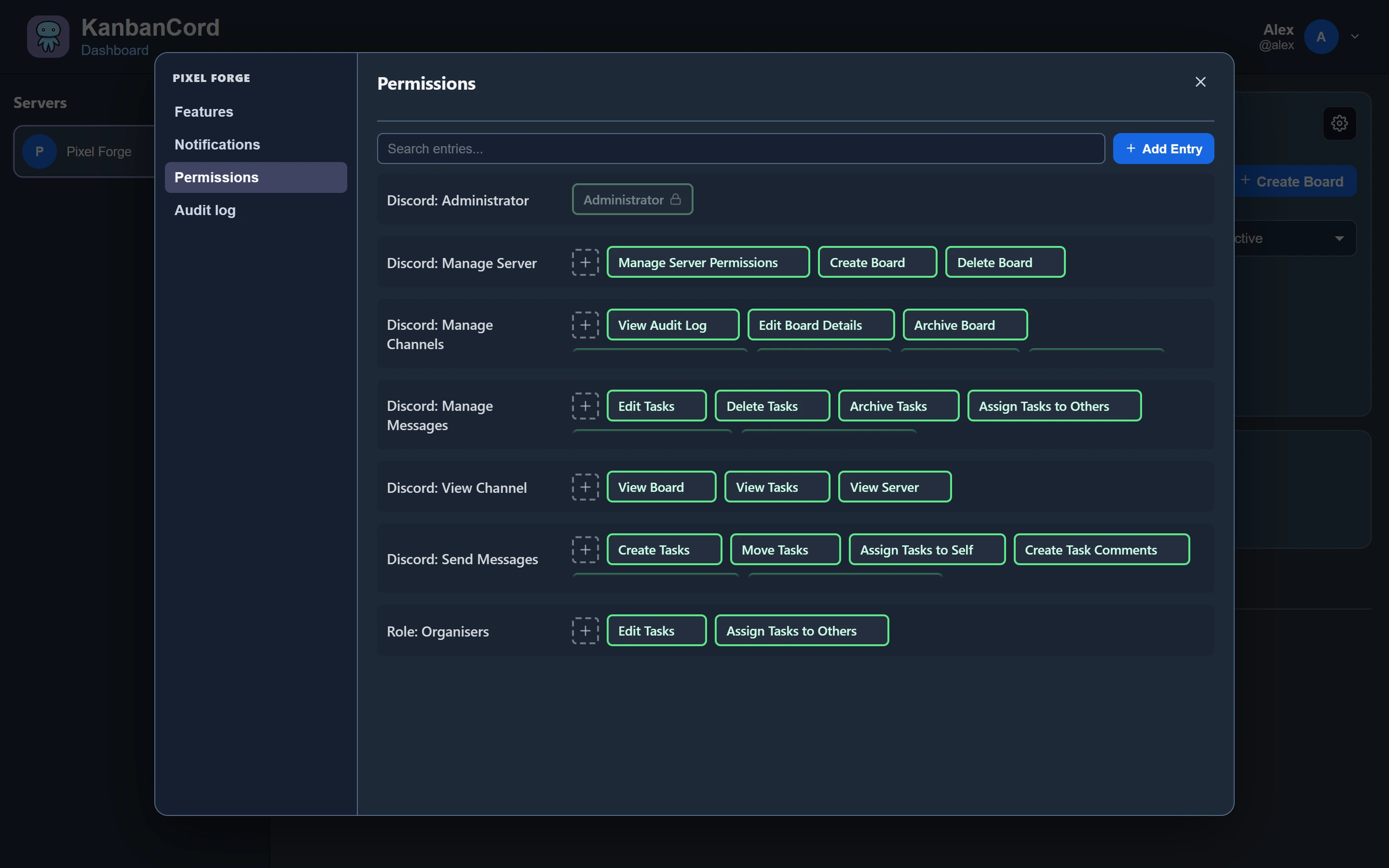 The server's permission rules on the website: what each Discord permission allows, from View Channel to Manage Server, plus a rule for the Organisers role.
