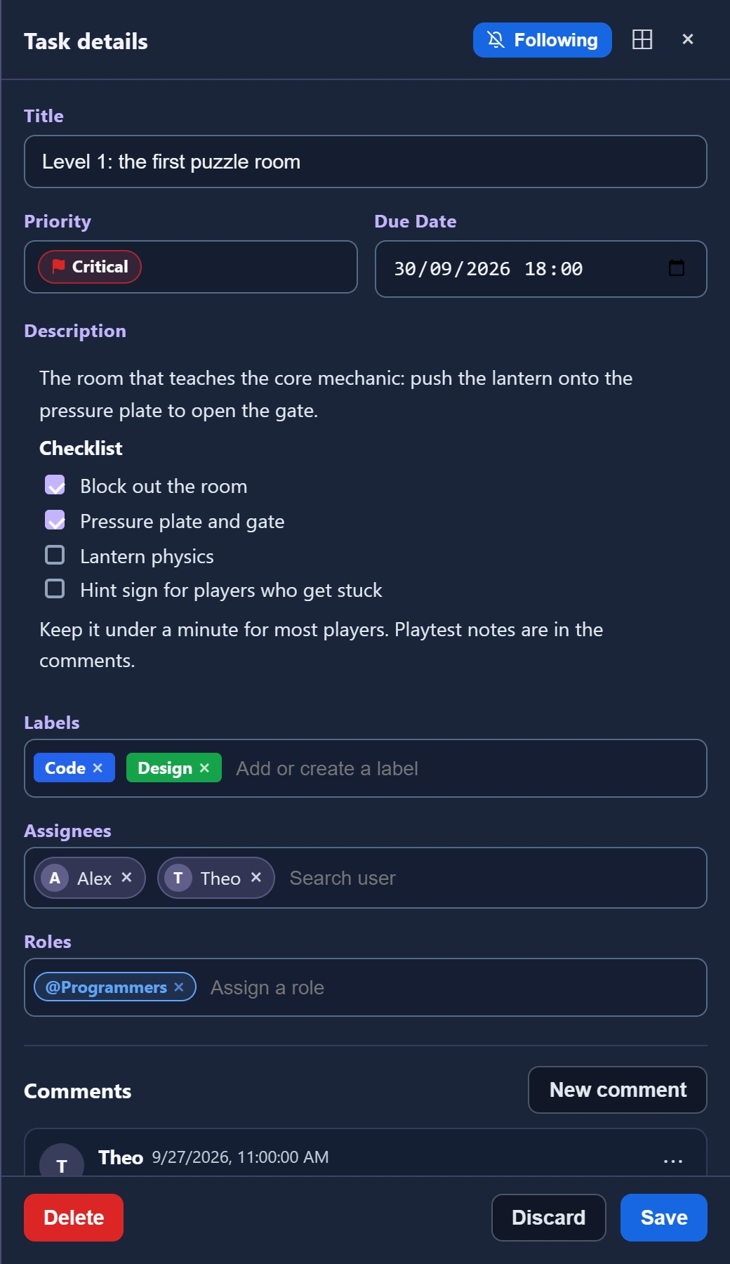 The task panel on the website showing a task assigned to two people, Alex and Theo, and to the Programmers role, with its priority, due date and labels.