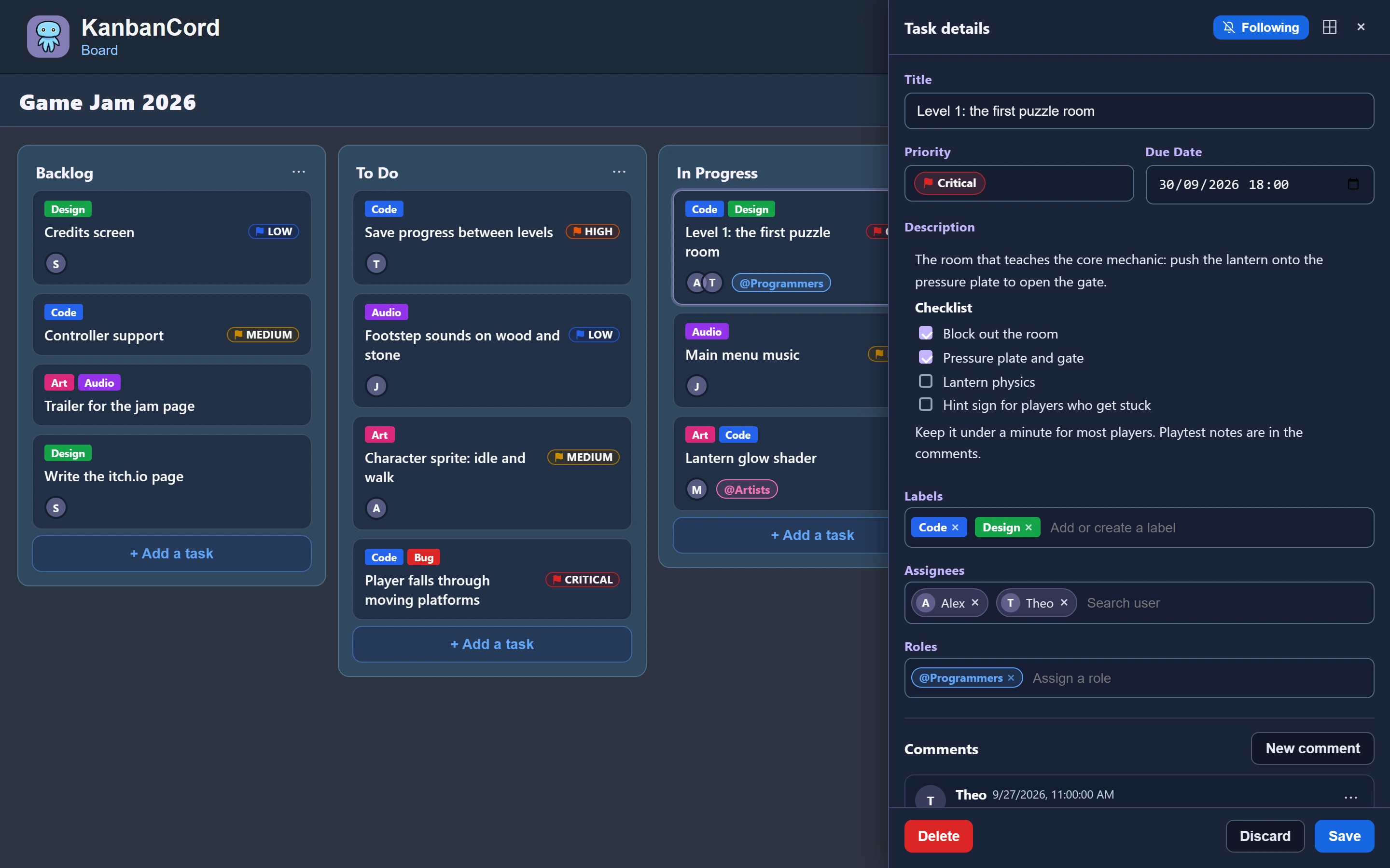 A task open beside the board, with its priority, due date, a checklist, labels, people, roles and comments.